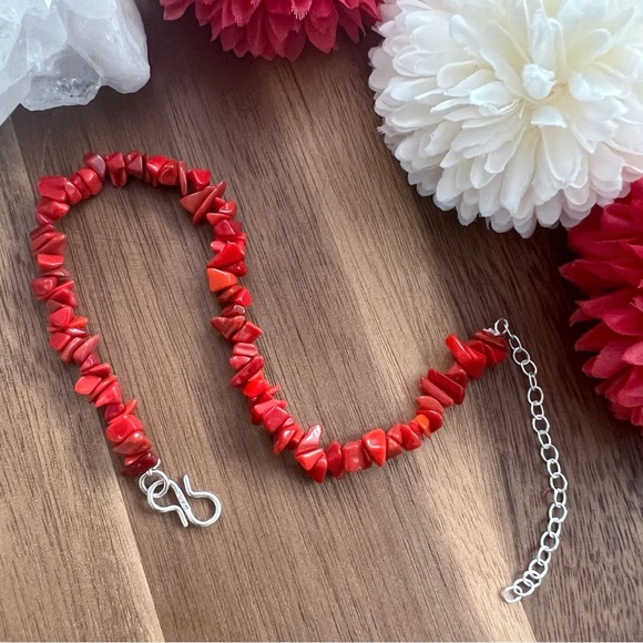 Sterling Jewelry - Red Coral Chip Bracelet or Anklet Southwestern Bohemian Boho Style New